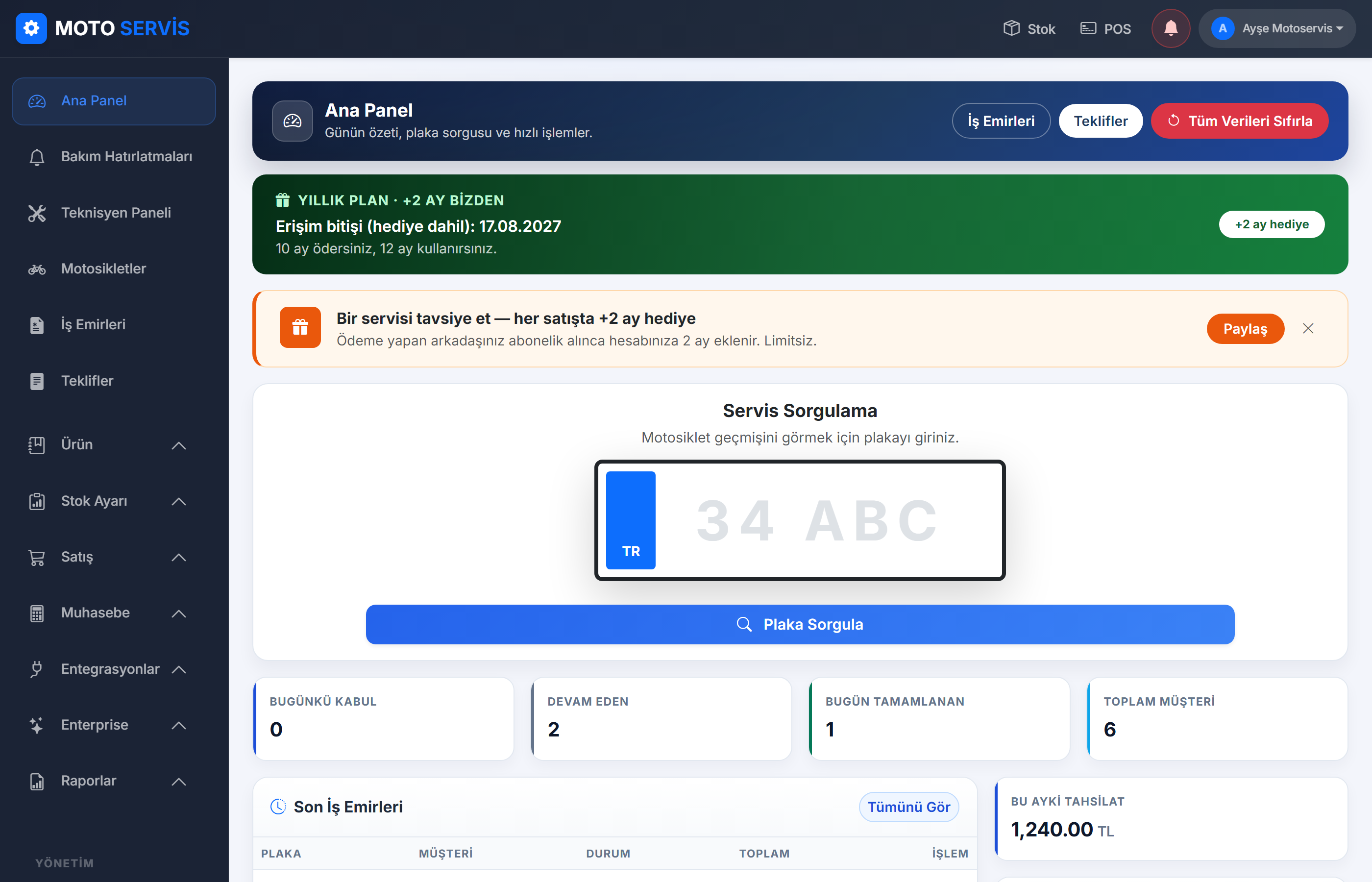 Motoserviso dashboard — motosiklet servisi yönetim programı ana ekranı